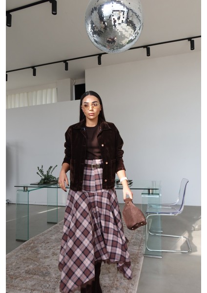 Etek Ucu Dantelli Süet Kemerli Ekoseli Etek fiyatları