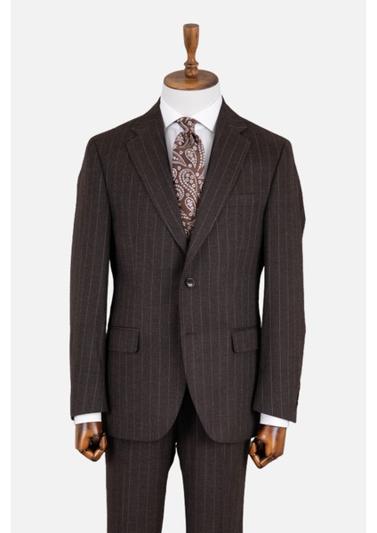 Erkek Klasik Takım Elbise Soft Çizgili Flanel Yün Mono Yaka Rahat Kalıp Kahverengi