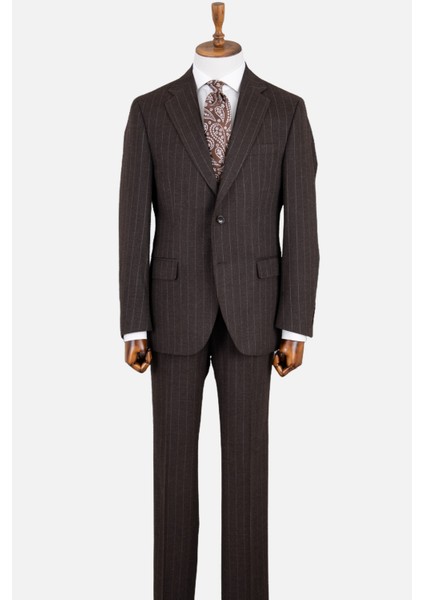 Erkek Klasik Takım Elbise Soft Çizgili Flanel Yün Mono Yaka Rahat Kalıp Kahverengi modelleri