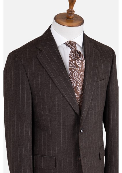 Erkek Klasik Takım Elbise Soft Çizgili Flanel Yün Mono Yaka Rahat Kalıp Kahverengi fırsatları