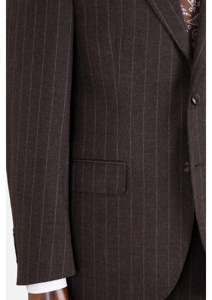 Erkek Klasik Takım Elbise Soft Çizgili Flanel Yün Mono Yaka Rahat Kalıp Kahverengi indirimleri