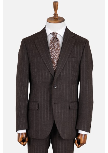 Erkek Klasik Takım Elbise Soft Çizgili Flanel Yün Mono Yaka Rahat Kalıp Kahverengi