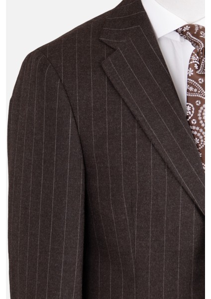 Erkek Klasik Takım Elbise Soft Çizgili Flanel Yün Mono Yaka Rahat Kalıp Kahverengi
