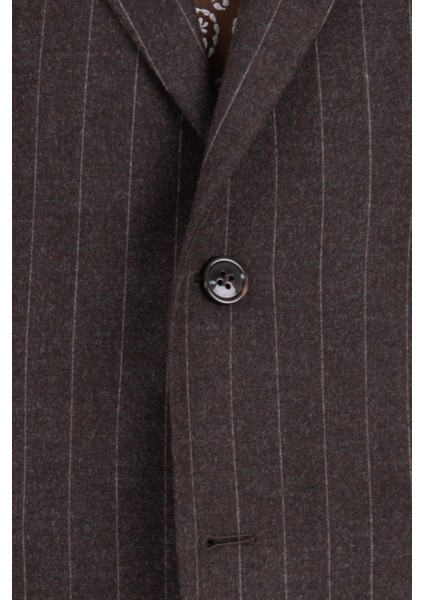 Erkek Klasik Takım Elbise Soft Çizgili Flanel Yün Mono Yaka Rahat Kalıp Kahverengi