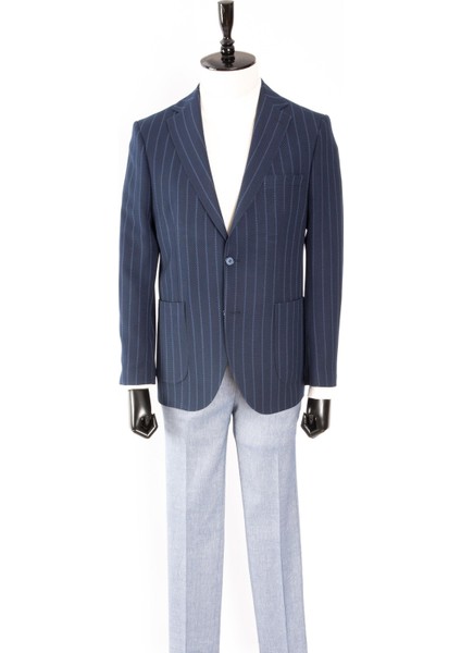 Erkek Iki Düğme Ceket Casual Torba Cep Mono Yaka Gofre Kumaş Indigo