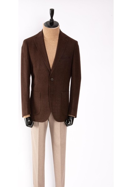 Erkek Iki Düğme Ceket Yün Astarsız Mono Yaka Slim Fit Kahverengi