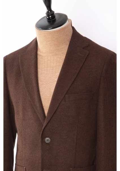 Erkek Iki Düğme Ceket Yün Astarsız Mono Yaka Slim Fit Kahverengi modelleri