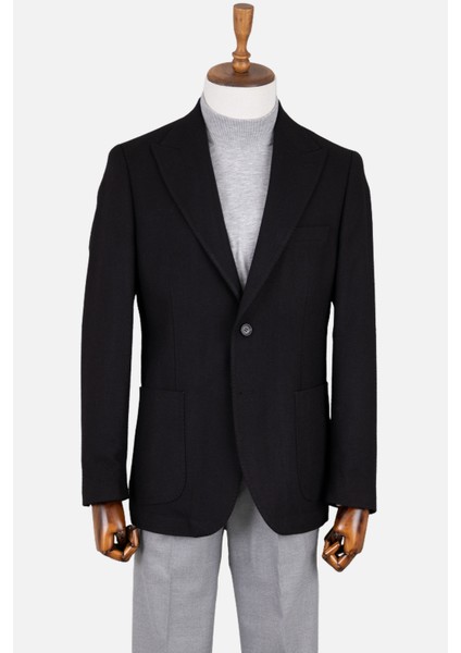 Erkek Iki Düğme Ceket Yün Çift Yırtmaç Casual Siyah