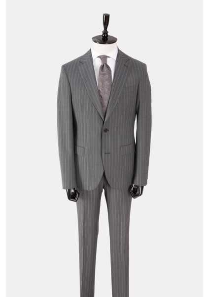 Erkek Klasik Takım Elbise Çizgili Mono Yaka Yün Rahat Kalıp Gri