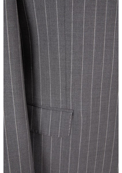 Erkek Klasik Takım Elbise Çizgili Mono Yaka Yün Rahat Kalıp Gri indirimleri