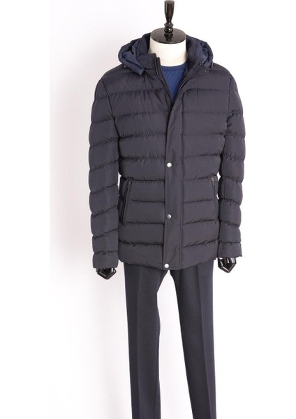 Erkek Mont Dolgulu Spor Kapşonlu Normal Kalıp Lacivert