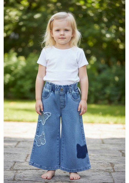 Kız Çocuk Pantolon Jans Denim Mavi Kelebek Nakışlı