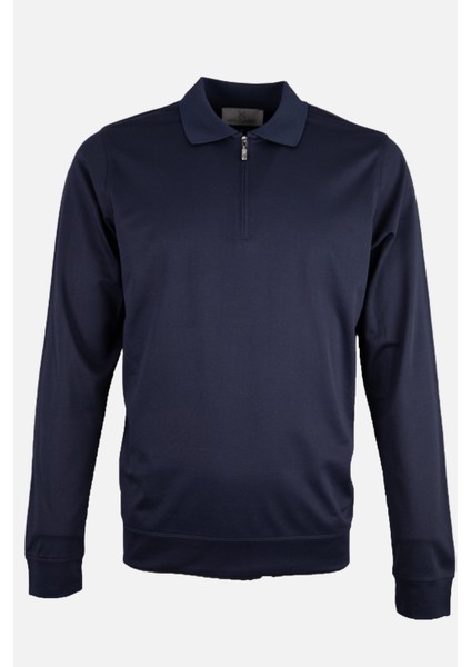 Erkek Sweatshirt Polo Yaka Merserize Dokuma Fermuarlı Lacivert