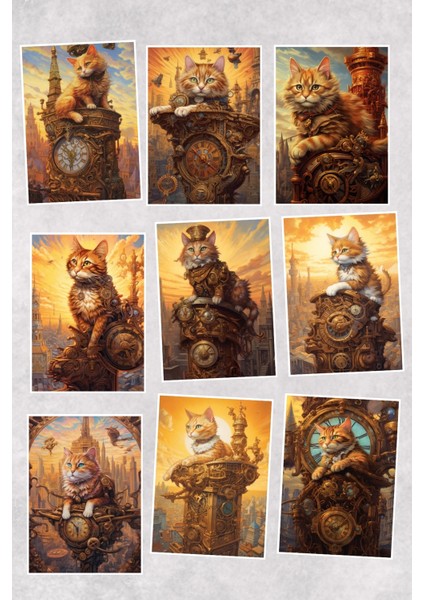 Fütüristik Kediler Temalı 9'lu Kartpostal