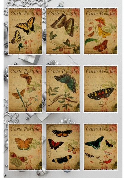 Retro Tasarım Kelebekli 9'lu Yılbaşı Kartpostal Seti