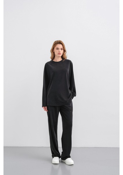 Siyah Kadın Tencel Karışımlı Yumuşak Dokulu Bisiklet Yaka Basic Bol Paça Alt-Üst Takım