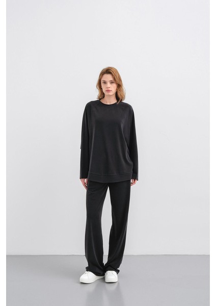 Siyah Kadın Tencel Karışımlı Yumuşak Dokulu Bisiklet Yaka Basic Bol Paça Alt-Üst Takım fiyatları