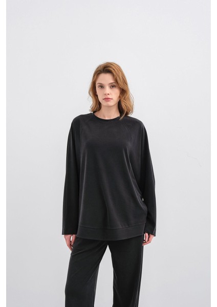 Siyah Kadın Tencel Karışımlı Yumuşak Dokulu Bisiklet Yaka Basic Bol Paça Alt-Üst Takım fırsatları