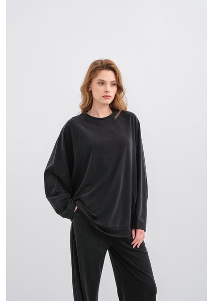 Siyah Kadın Tencel Karışımlı Yumuşak Dokulu Bisiklet Yaka Basic Bol Paça Alt-Üst Takım indirimleri