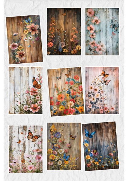 Vintage Kelebek ve Çiçek No:2 Temalı 9'lu Kartpostal