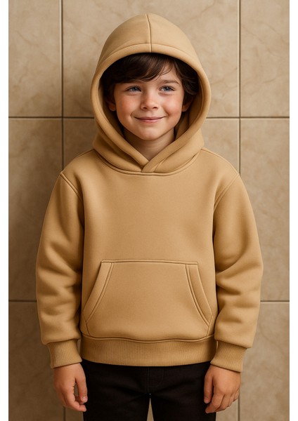 Açık Kahve Kalın 3 Iplik Şardonlu Kapüşonlu Unisex Sweatshirt.pamuklu Kışlık Model, Dolgun Kaliteli