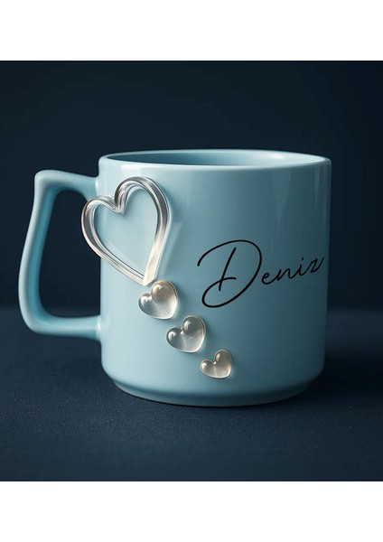 Kişiye Özel Isimli Kabartmalı Kalpli Tasarım Mavi Kupa Bardak-1, Eşe Hediye, Sevgiliye Hediye, Ev Hediyesi