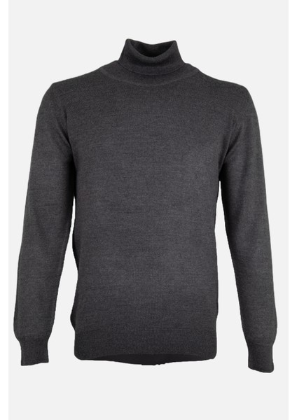 Erkek Tam Balıkçı Yaka Triko Kazak Slim Fit Yün Füme