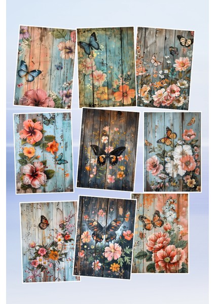 Vintage Kelebek ve Çiçek Temalı 9'lu Kartpostal