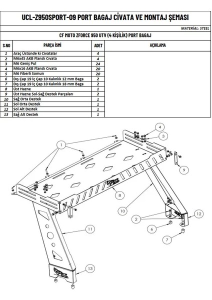 Cfmoto Z Force 950 Utv (4 Kişilik) Uyumlu Port Bagaj (Kargo Platformu)