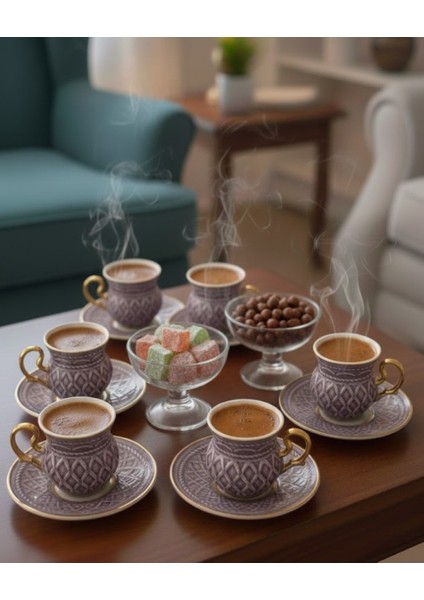 Kabartmalı Desenli Mor Renk Porselen Kahve Fincan Takımı - 12 Parça - Gold Kulplu Şık Tasarım