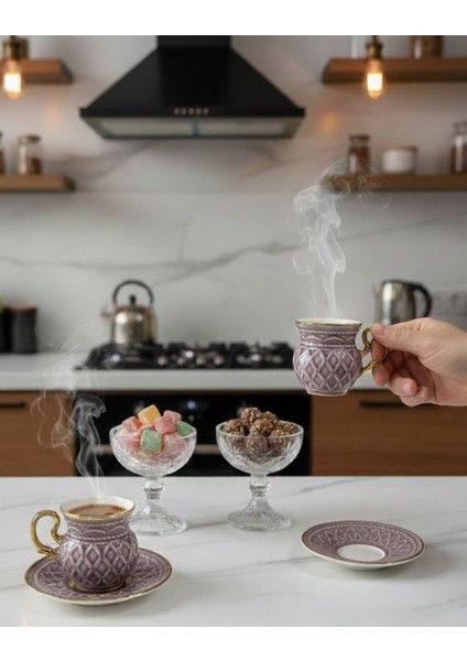 Kabartmalı Desenli Mor Renk Porselen Kahve Fincan Takımı - 12 Parça - Gold Kulplu Şık Tasarım fiyatları