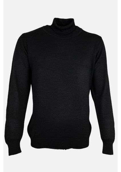 Erkek Tam Balıkçı Yaka Triko Kazak Slim Fit Yün Siyah