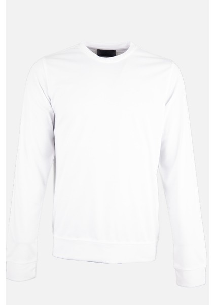 Erkek Bisiklet Yaka Sweatshirt Merserize Dokuma Pamuk Rahat Kalıp Beyaz