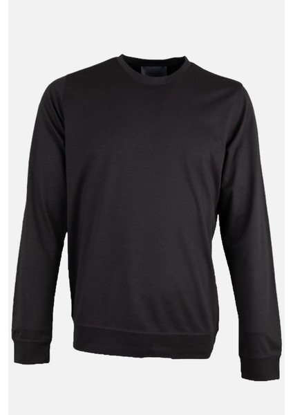 Erkek Bisiklet Yaka Sweatshirt Merserize Dokuma Pamuk Rahat Kalıp Siyah