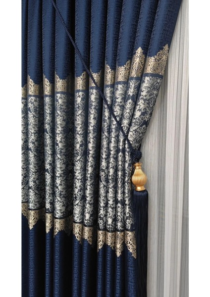 Pano Fon Perde Lacivert Damask Çiçek Desenli Fon Perde Sık Pile 1/3 Tek Kanat modelleri