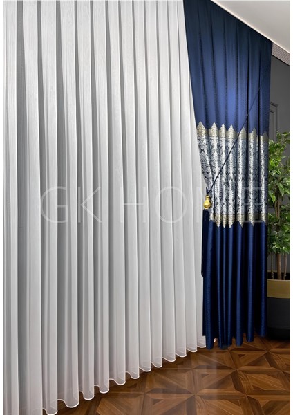 Pano Fon Perde Lacivert Damask Çiçek Desenli Fon Perde Sık Pile 1/3 Tek Kanat fırsatları