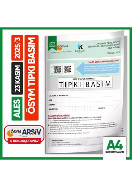 Ales 2025/3 Ösym Tıpkı Basım Çıkmış Soru Deneme Kitapçığı Video/pdf Çözümlü Türkiye Geneli