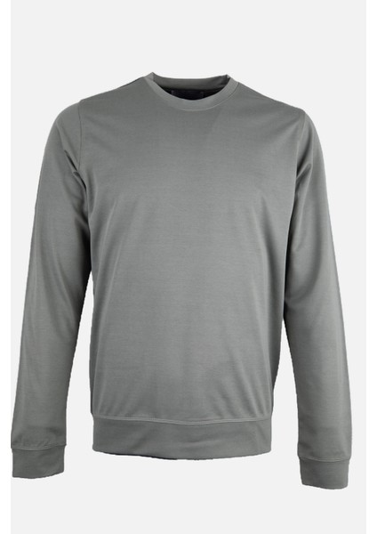 Erkek Bisiklet Yaka Sweatshirt Merserize Dokuma Pamuk Rahat Kalıp Haki