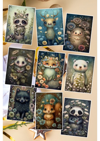 Sevimli Orman Hayvanları Temalı Yeniyıl Yılbaşı Dekoratif Süs 9'lu Kartpostal Seti