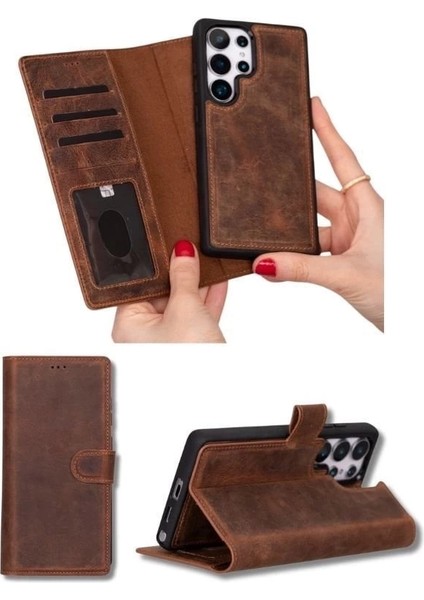 Buğz Samsung Galaxy S25 Ultra Uyumlu, Hakiki Deri, El Yapımı, Cüzdanlı Kılıf, Antik Kahve