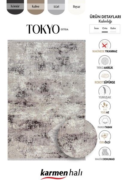 Tokyo 1701 Gri Halı Antrasit Detaylı Modern Klasik Desen Akrilik Halı Kaymaz Taban Tozuaz Salon Halı