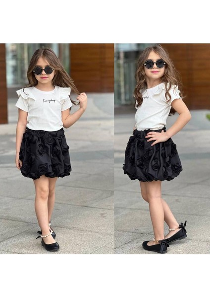 Siyah Balon Etek Fitilli Fırfırlı Kol Bady Tişört T-Shirt Takım