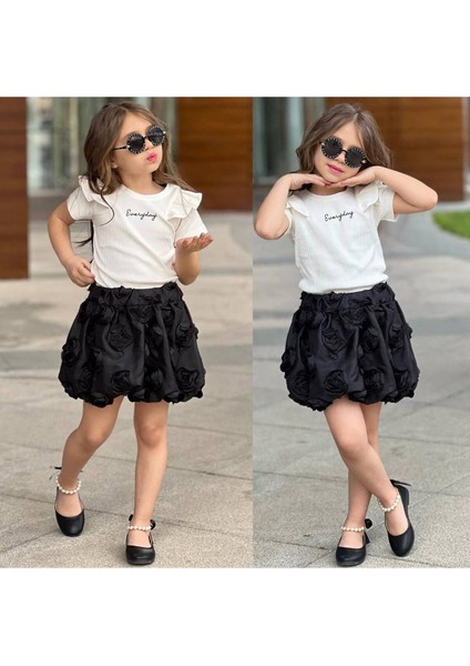 Siyah Balon Etek Fitilli Fırfırlı Kol Bady Tişört T-Shirt Takım fiyatları