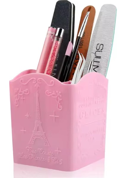 Dekoratif Makyaj Manikür Aletleri Organizer 4 Gözlü Kalemlik Pembe