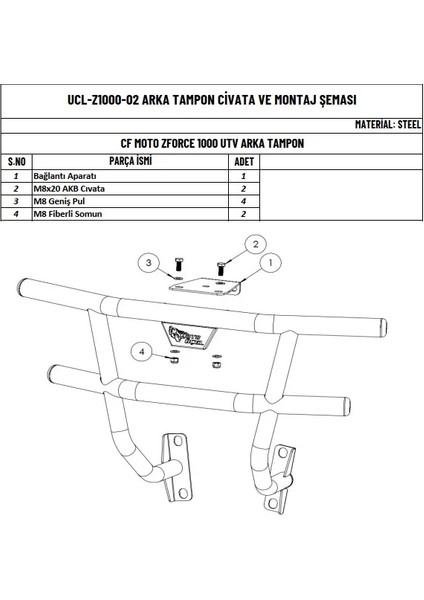 Cfmoto Z Force 1000 Utv Uyumlu Arka Tampon