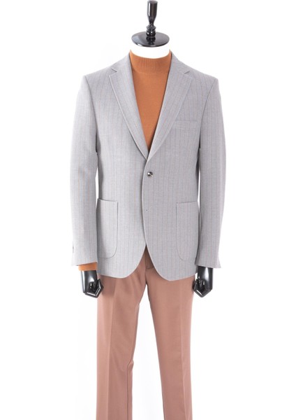 Erkek Iki Düğme Ceket Casual Torba Cep Mono Yaka Gofre Kumaş Gri