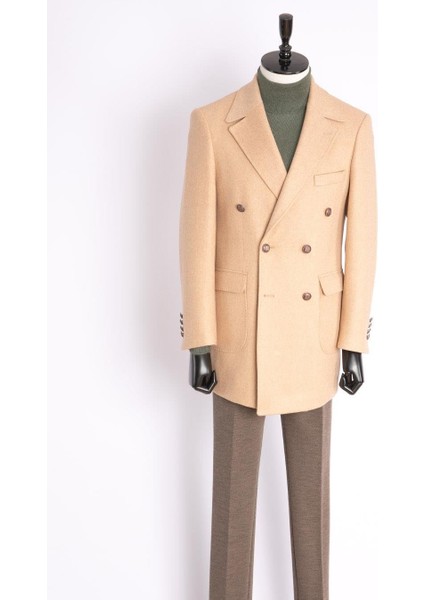 Erkek Kaban Kruvaze Mono Yaka Metal Düğmeli Modern Fit Bej