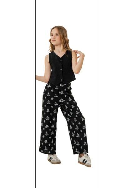 Kız Çocuk Siyah Dokuma Yelek Dokuma Geniş Paça Pantolon Takım fiyatları