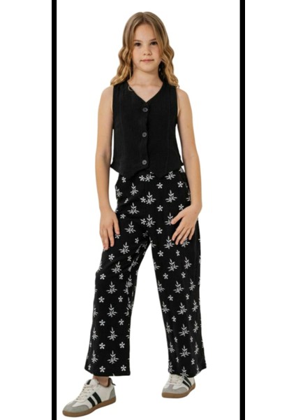 Kız Çocuk Siyah Dokuma Yelek Dokuma Geniş Paça Pantolon Takım fırsatları
