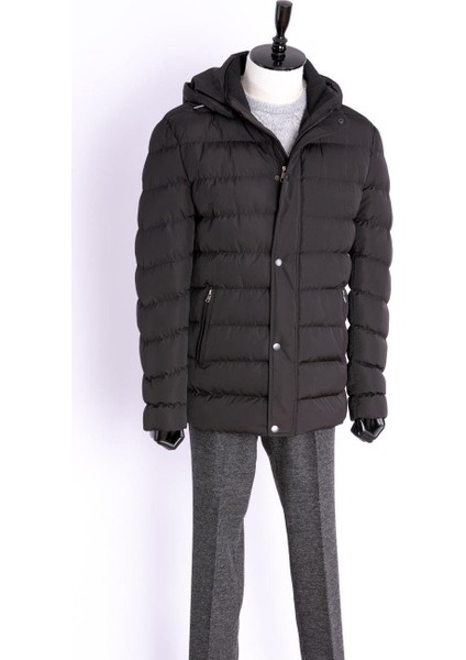 Erkek Mont Dolgulu Spor Kapşonlu Normal Kalıp Siyah